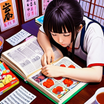**

A vibrant, colorful anime scene depicting a young person studying Japanese with textbooks and flashcards, surrounded by kanji characters and Japanese snacks. The background should hint at a dreamlike vision of Tokyo.

**