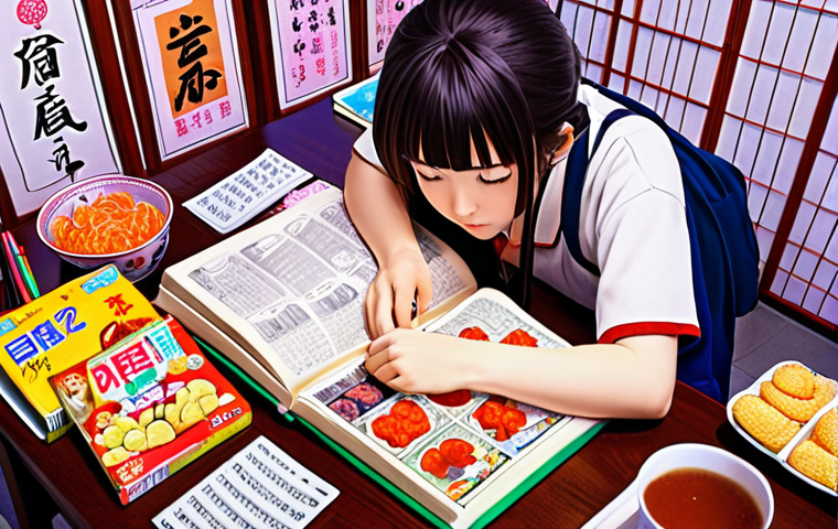 **

A vibrant, colorful anime scene depicting a young person studying Japanese with textbooks and flashcards, surrounded by kanji characters and Japanese snacks. The background should hint at a dreamlike vision of Tokyo.

**