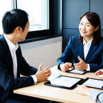 A professional business meeting scene depicting a diverse group of adults, including Swedish and Japanese individuals, fully clothed in modest, contemporary business suits. They are seated around a sleek conference table in a modern, sunlit office, engaged in respectful conversation and collaboration. One person is gesturing towards a shared document on a tablet, symbolizing successful cross-cultural communication. The atmosphere is professional and harmonious. safe for work, appropriate content, fully clothed, professional, perfect anatomy, correct proportions, natural pose, well-formed hands, proper finger count, natural body proportions, high-quality, corporate photography.