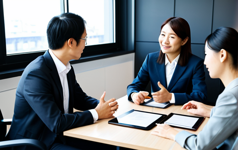 A professional business meeting scene depicting a diverse group of adults, including Swedish and Japanese individuals, fully clothed in modest, contemporary business suits. They are seated around a sleek conference table in a modern, sunlit office, engaged in respectful conversation and collaboration. One person is gesturing towards a shared document on a tablet, symbolizing successful cross-cultural communication. The atmosphere is professional and harmonious. safe for work, appropriate content, fully clothed, professional, perfect anatomy, correct proportions, natural pose, well-formed hands, proper finger count, natural body proportions, high-quality, corporate photography.