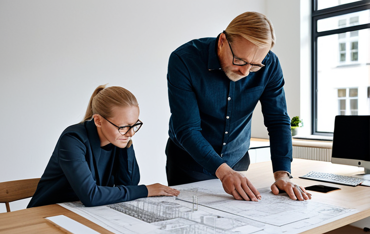 **

A professional architect, fully clothed in a stylish but modest Swedish design studio, reviewing blueprints with a colleague. Natural lighting, clean and modern environment with Scandinavian furniture. Appropriate attire, safe for work, perfect anatomy, natural proportions, professional photography, high quality. Family-friendly and professional.

**