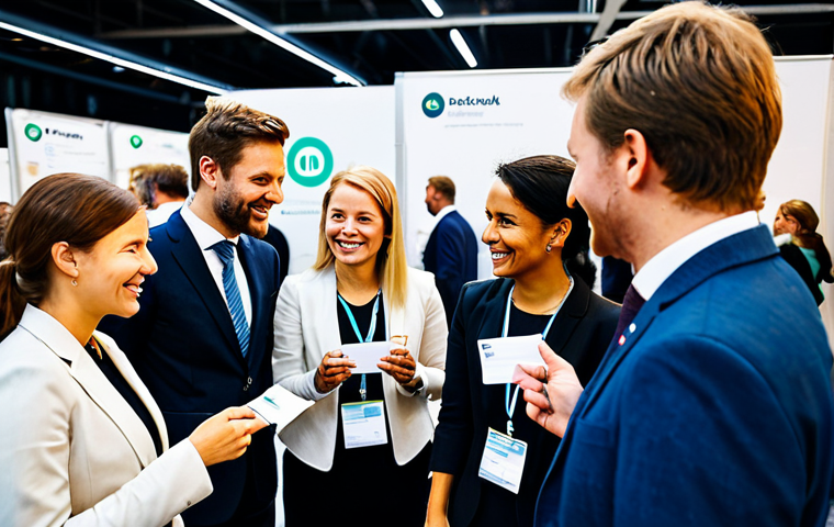 Networking Event**
"A diverse group of fully clothed professionals in modest business attire networking at a career fair in Stockholm, Sweden. People are smiling, exchanging business cards, and engaging in conversation. Background includes company booths and displays. Safe for work, appropriate content, perfect anatomy, natural proportions, professional, family-friendly, high quality."
**