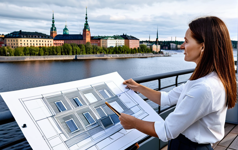**
"A professional architect presenting blueprints for a modern, sustainable home in Stockholm, Sweden. She is wearing a stylish yet modest business outfit, fully clothed. The background features the cityscape and waterfront. Safe for work, appropriate content, perfect anatomy, natural proportions, professional photograph, high quality, family-friendly."
**