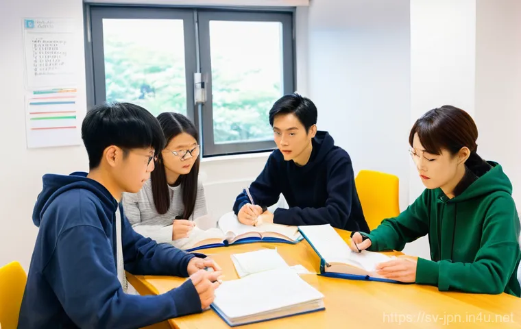 JLPT 스터디 그룹 운영 팁 - **Prompt 1: Focused JLPT Study Group Session**
"A diverse group of three to four young adults, a...