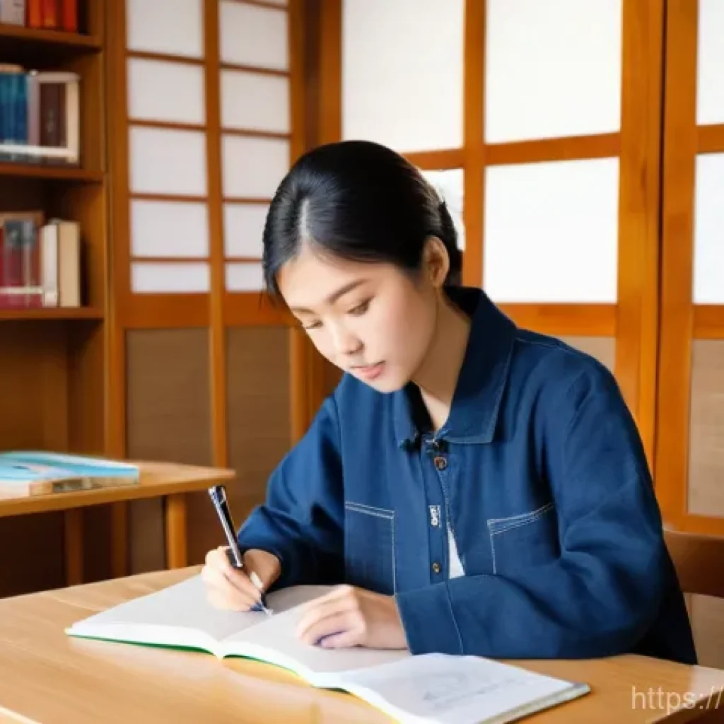 JLPT와 일본어 교육 연구 프로젝트 - **Prompt:** A determined and focused student, dressed in casual yet modest clothing, is seated at a ...