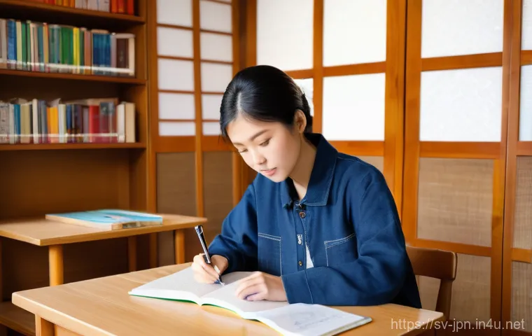 JLPT와 일본어 교육 연구 프로젝트 - **Prompt:** A determined and focused student, dressed in casual yet modest clothing, is seated at a ...
