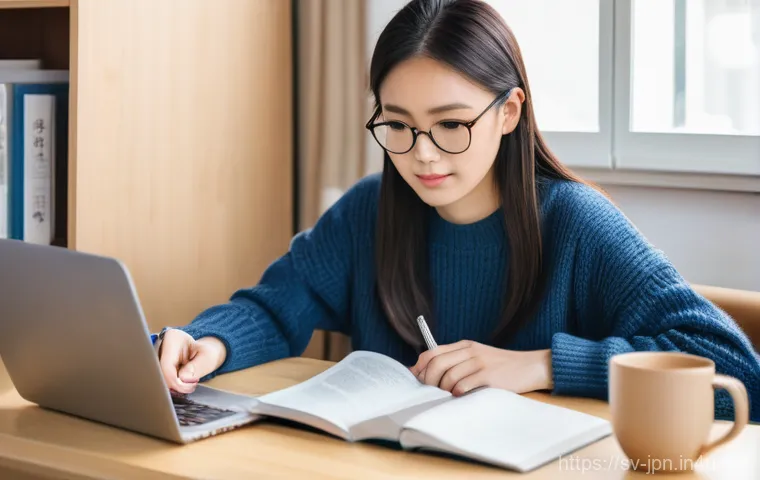 JLPT 실전 모의고사 활용 경험담 - A young adult (20s, gender-neutral) is deeply focused on studying for the Japanese Language Proficie...