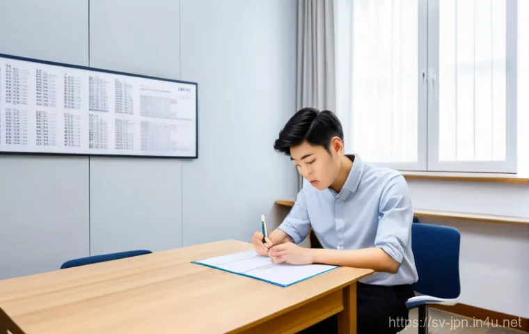 JLPT 실전 모의고사 활용 경험담 - A young adult (20s, gender-neutral) is deeply focused on studying for the Japanese Language Proficie...
