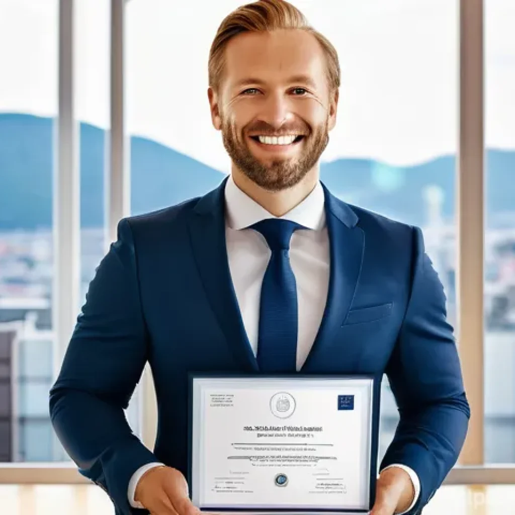 JLPT 자격증으로 번역가 도전하는 방법 - **A professional, confident Swedish person in their late 20s to early 30s, dressed in smart-casual b...