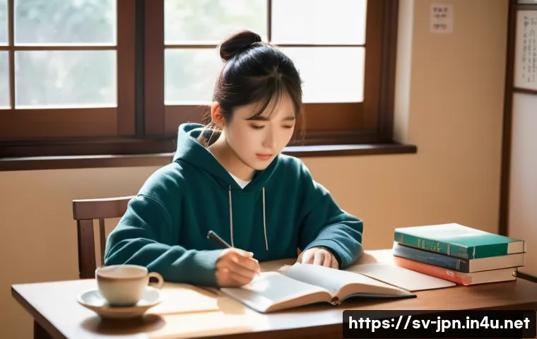 JLPT와 일본 내 자격증과의 학문적 연구 - **JLPT Study Session:** A focused young adult, of diverse ethnicity, aged around 20-25, is sitting c...