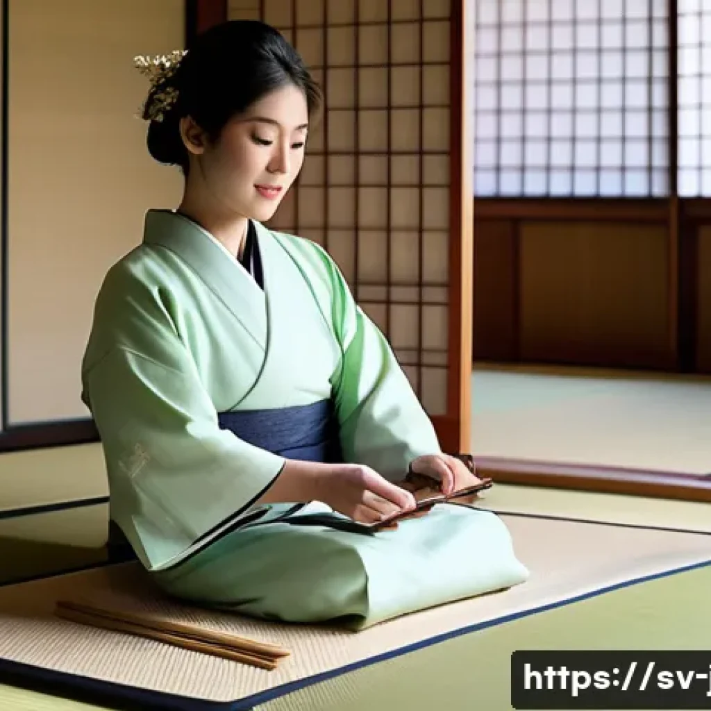 JLPT와 일본 전통 문화의 연결성 - A serene traditional Japanese tea ceremony scene set in a tatami room with sliding shoji doors, feat...