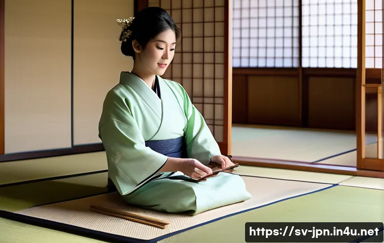 JLPT와 일본 전통 문화의 연결성 - A serene traditional Japanese tea ceremony scene set in a tatami room with sliding shoji doors, feat...