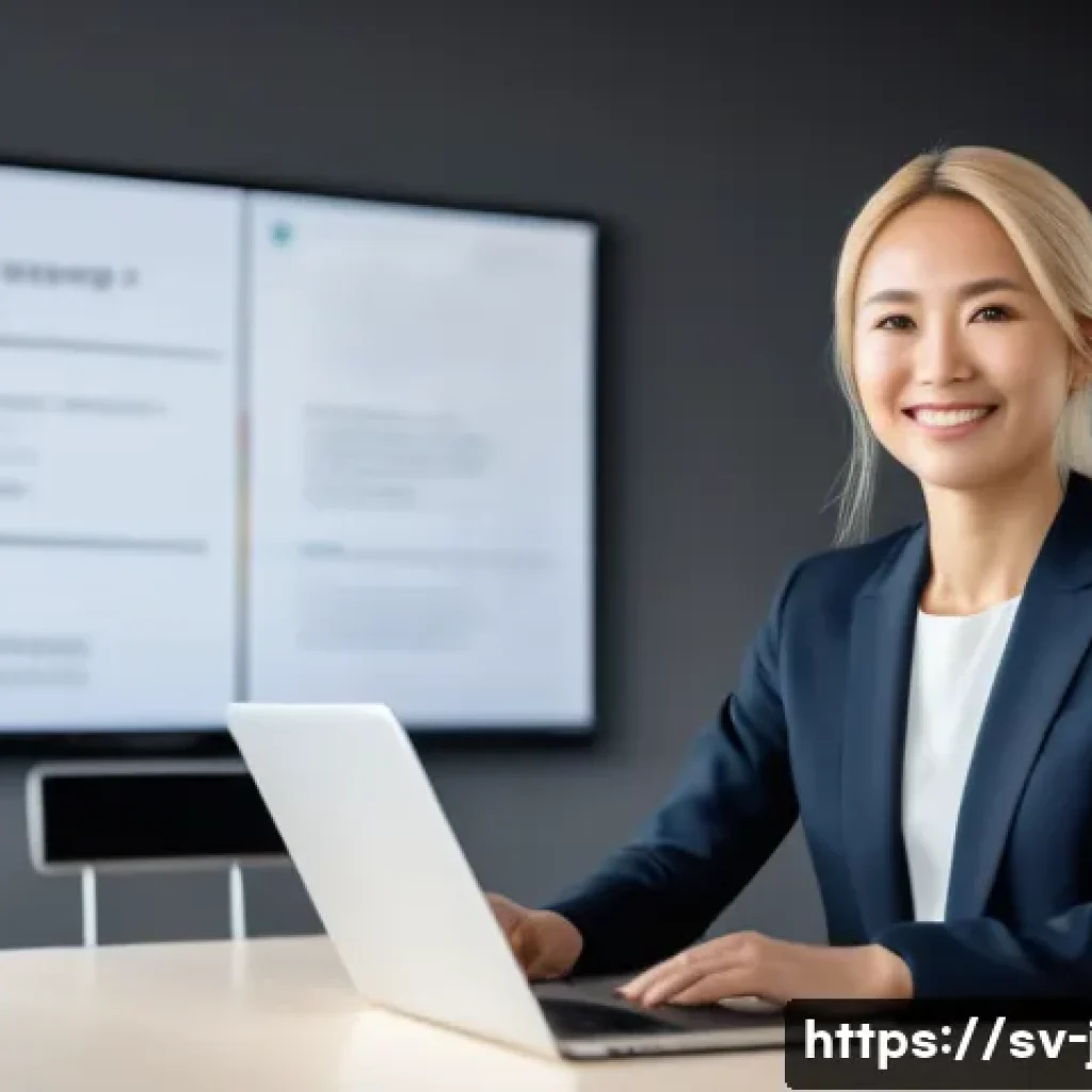 JLPT 자격증 활용 해외 교류 사례 - A professional Swedish woman in a modern office setting, confidently presenting during an internatio...