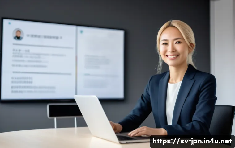 JLPT 자격증 활용 해외 교류 사례 - A professional Swedish woman in a modern office setting, confidently presenting during an internatio...