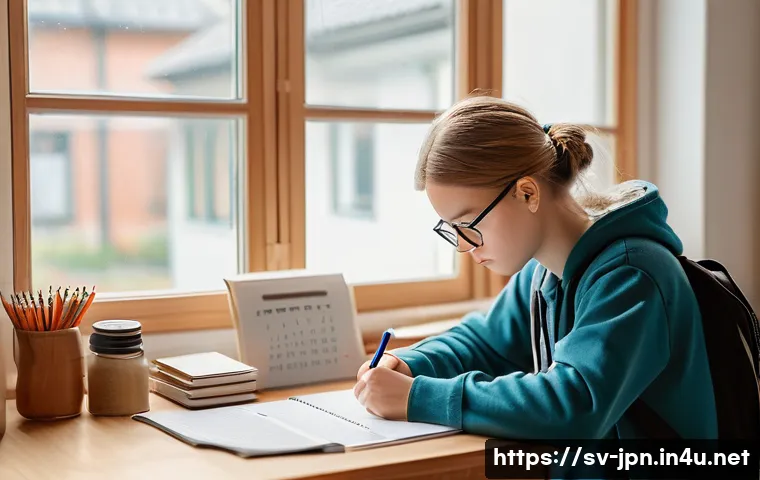 JLPT 시험 전 마지막 점검 체크리스트 - A focused Swedish student sitting at a neat wooden desk in a bright, cozy room, preparing for the JL...