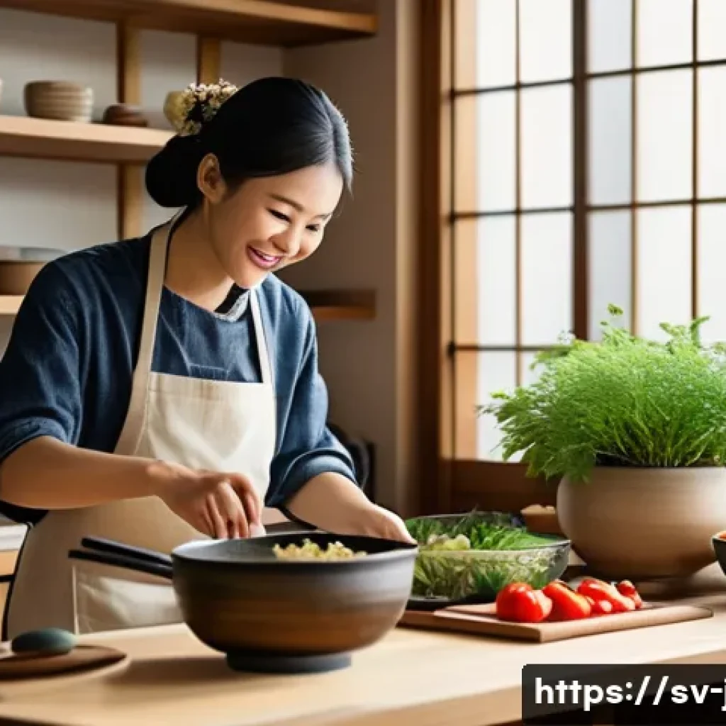 JLPT와 일본 문화 연구 병행 학습법 - A cozy Japanese kitchen scene featuring a young adult cooking traditional seasonal dishes, wearing c...