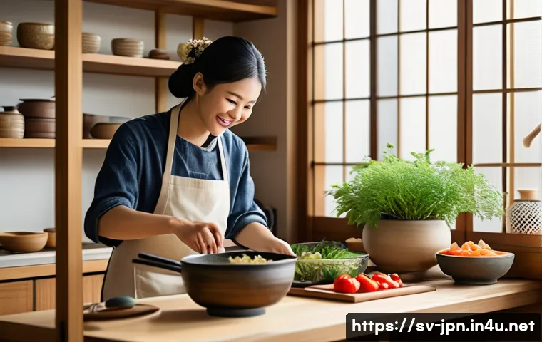 JLPT와 일본 문화 연구 병행 학습법 - A cozy Japanese kitchen scene featuring a young adult cooking traditional seasonal dishes, wearing c...