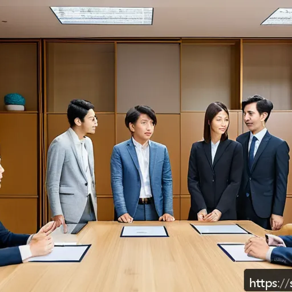 JLPT와 일본 내 인턴십 프로그램 참여 사례 - A professional setting in Japan showing a diverse group of international interns and Japanese collea...