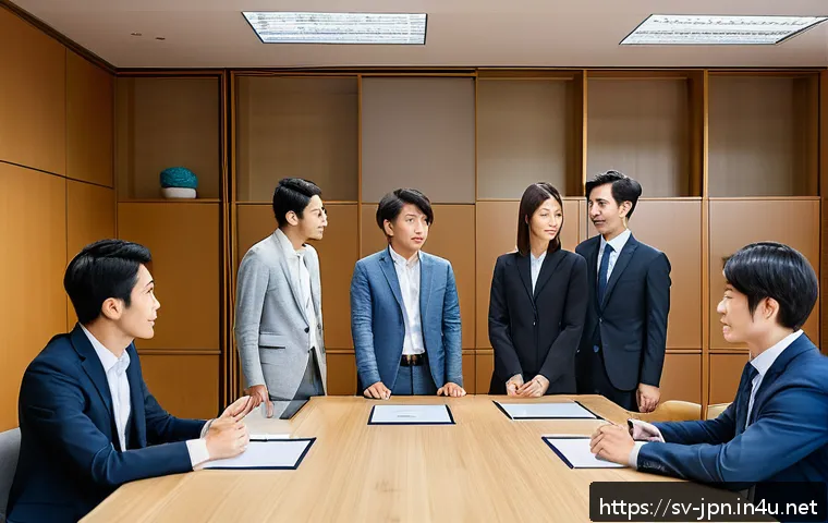 JLPT와 일본 내 인턴십 프로그램 참여 사례 - A professional setting in Japan showing a diverse group of international interns and Japanese collea...