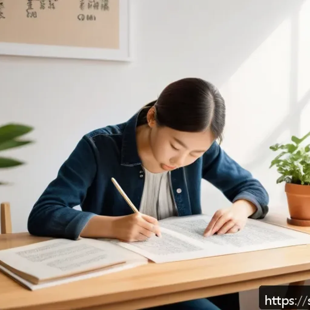JLPT 시험과 일본어 필기체 공부법 - A cozy, sunlit study room in a modern Swedish apartment, featuring a neat wooden desk with Japanese ...
