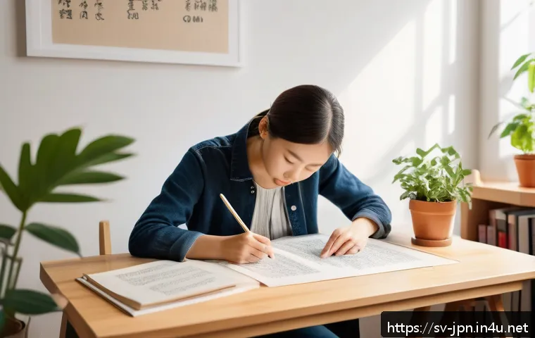 JLPT 시험과 일본어 필기체 공부법 - A cozy, sunlit study room in a modern Swedish apartment, featuring a neat wooden desk with Japanese ...