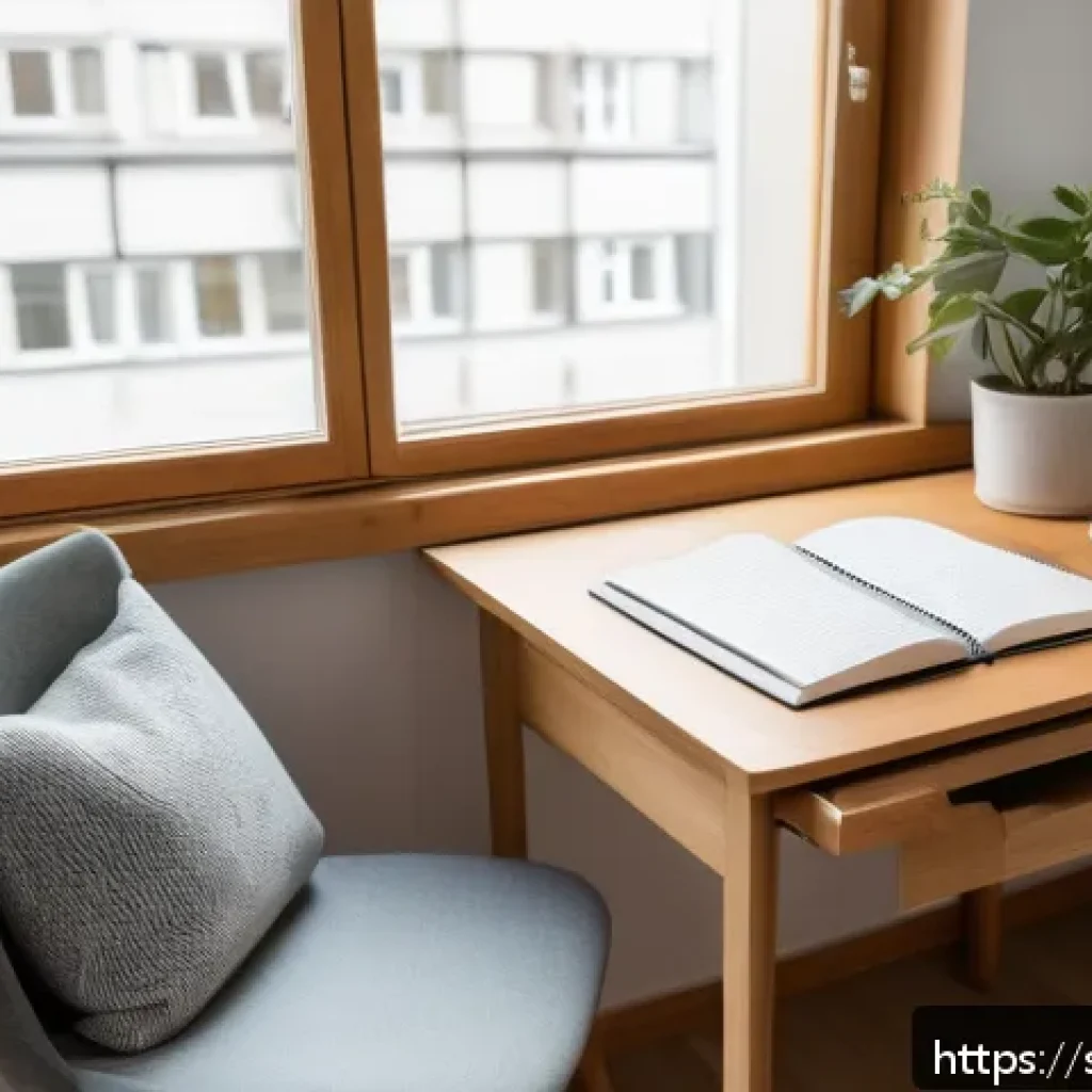 JLPT 독해 능력 빠르게 높이는 방법 - A cozy Scandinavian-style study nook featuring a wooden desk by a large window with soft natural lig...