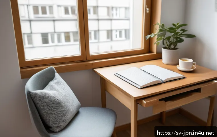 JLPT 독해 능력 빠르게 높이는 방법 - A cozy Scandinavian-style study nook featuring a wooden desk by a large window with soft natural lig...