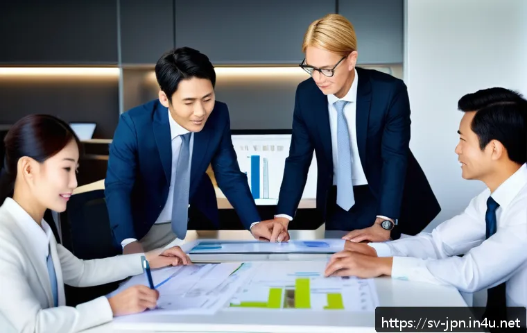 JLPT와 일본 내 직무와의 연계성 - A professional Japanese office scene showing a diverse group of businesspeople collaborating around ...
