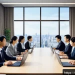 Home 22 JLPT와 일본 내 직무별 일본어 활용 사례 - A modern Japanese corporate meeting room filled with diverse professionals in business attire, inclu...
