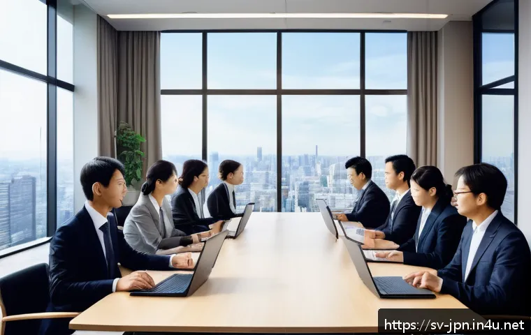 JLPT와 일본 내 직무별 일본어 활용 사례 - A modern Japanese corporate meeting room filled with diverse professionals in business attire, inclu...