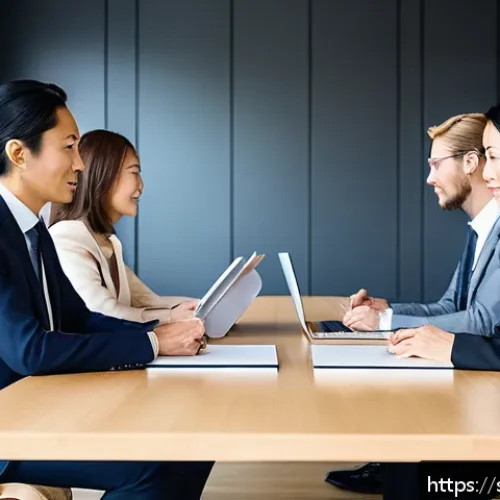 Home 30 JLPT와 비즈니스 일본어 시험의 차이 - A professional Japanese business meeting scene in a modern Scandinavian office, featuring diverse pr...