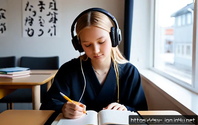 JLPT와 일본 대학 입학 조건 연관성 - Photorealistic Swedish high school graduate studying Japanese language for university admission, sea...