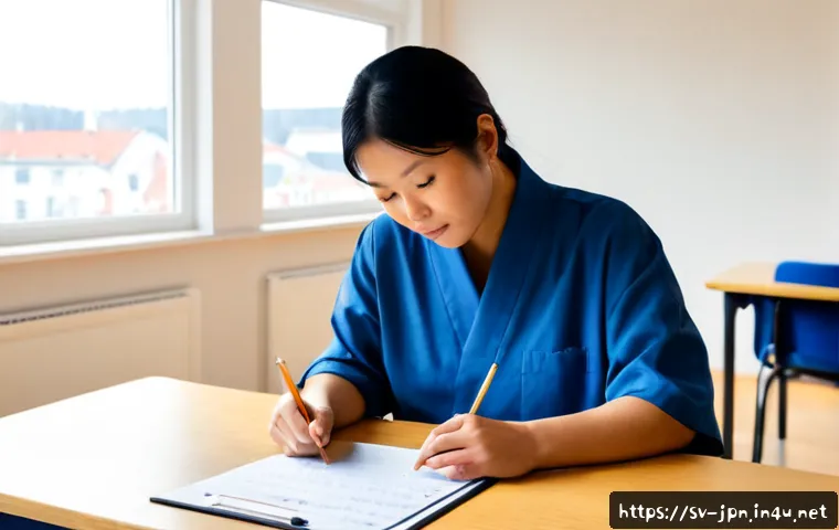 Home 17 JLPT와 일본어 능력 평가 실기 시험 - Photorealistic Japanese-language proficiency exam scene in a bright Swedish adult education classroo...